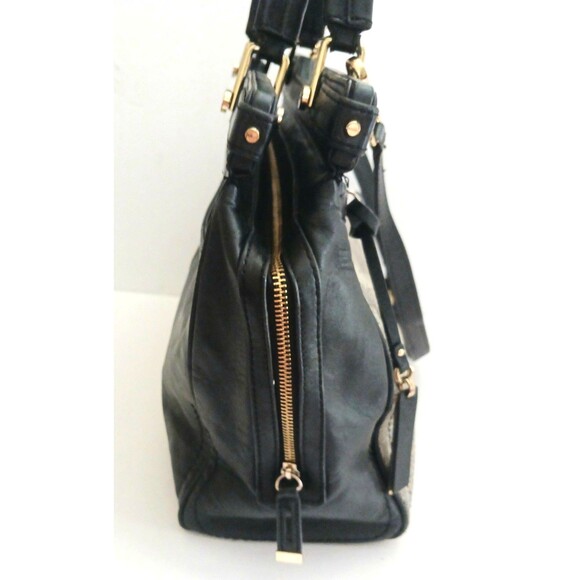 Vince Camuto Fiona Lg Blk Leather Satchel w Crossbody Tan Print Gold Hardware - Picture 6 of 16